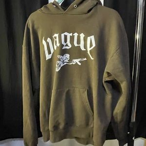 VAGUE hoodie in brown with baby angel and AK-47 in hand. acta non Verba on back
